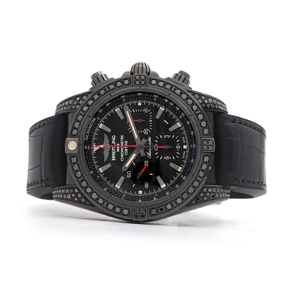 BREITLING ブライトリング クロノマット44 ブラックスチール 世界限定100本 MB0111 MB0111AV/BE35 クロノグラフ 純正ブラックダイヤ 裏スケ デイト 200m防水 黒 ブラック SS ステンレス 純正ベルト 純正尾錠 メンズ 自動巻き【6ヶ月保証】【腕時計】【中古】