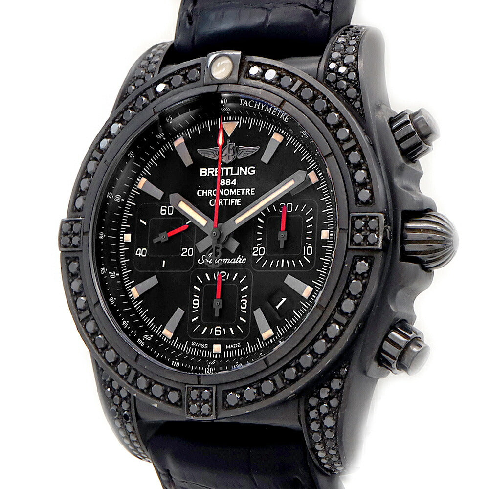 BREITLING ブライトリング クロノマット44 ブラックスチール 世界限定100本 MB0111 MB0111AV/BE35 クロノグラフ 純正ブラックダイヤ 裏スケ デイト 200m防水 黒 ブラック SS ステンレス 純正ベルト 純正尾錠 メンズ 自動巻き【6ヶ月保証】【腕時計】【中古】
