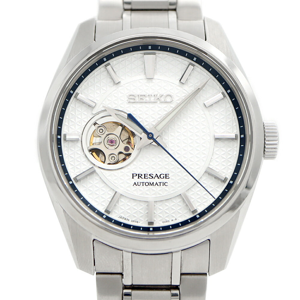 SEIKO セイコー プレザージュ シャープエッジシリーズ 6R38-00A0 SARX097 オープンハート 100m防水 裏スケ 白練 シルバー SS ステンレス メンズ 自動巻き プレサージュ【6ヶ月保証】【腕時計】【中古】