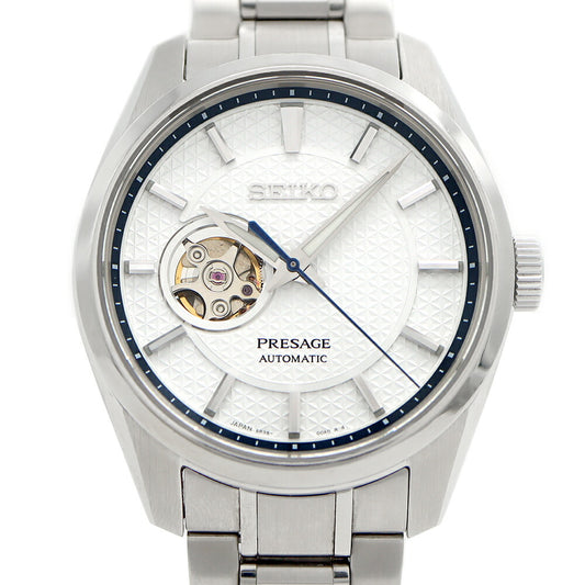 SEIKO セイコー プレザージュ シャープエッジシリーズ 6R38-00A0 SARX097 オープンハート 100m防水 裏スケ 白練 シルバー SS ステンレス メンズ 自動巻き プレサージュ【6ヶ月保証】【腕時計】【中古】