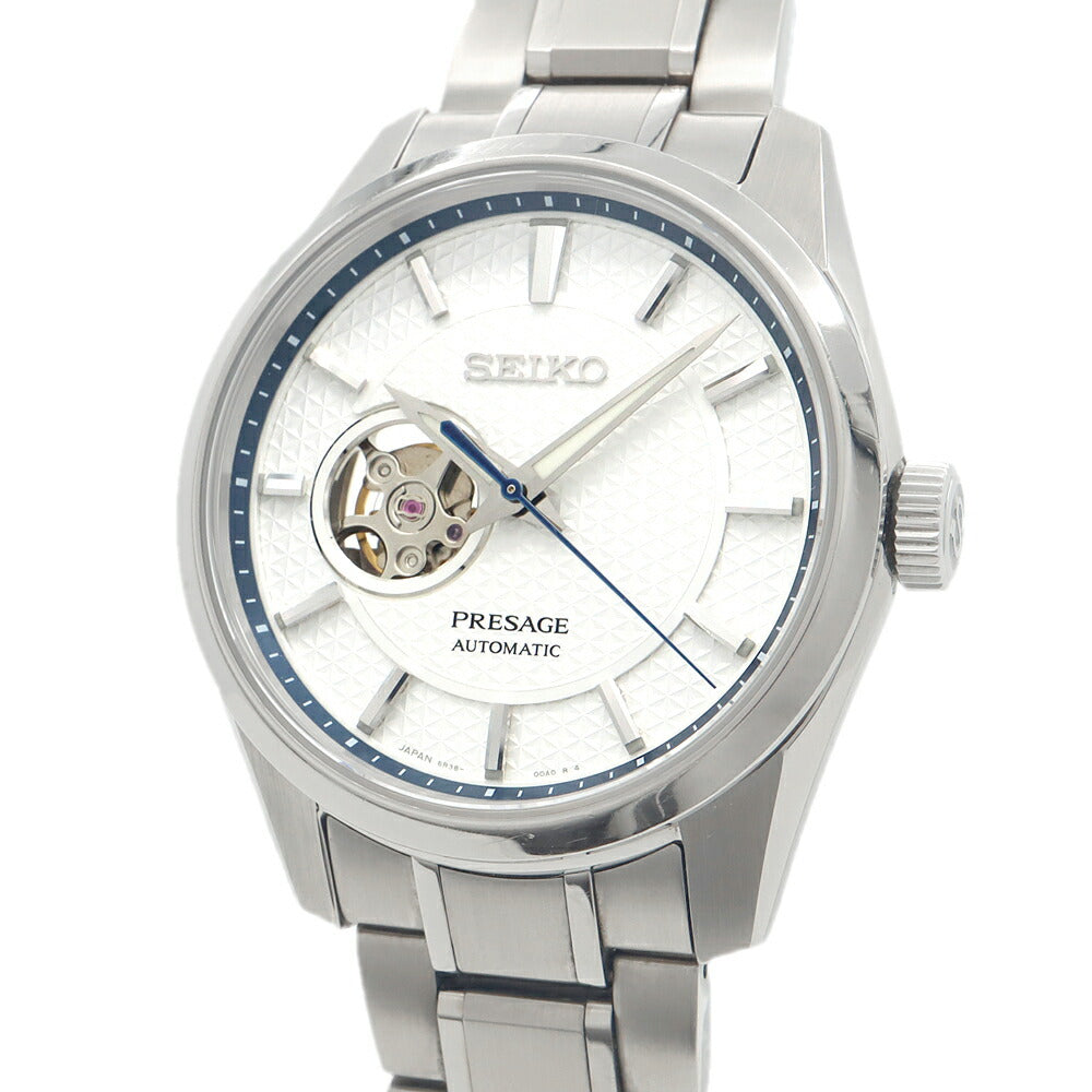 SEIKO セイコー プレザージュ シャープエッジシリーズ 6R38-00A0 SARX097 オープンハート 100m防水 裏スケ 白練 シルバー SS ステンレス メンズ 自動巻き プレサージュ【6ヶ月保証】【腕時計】【中古】