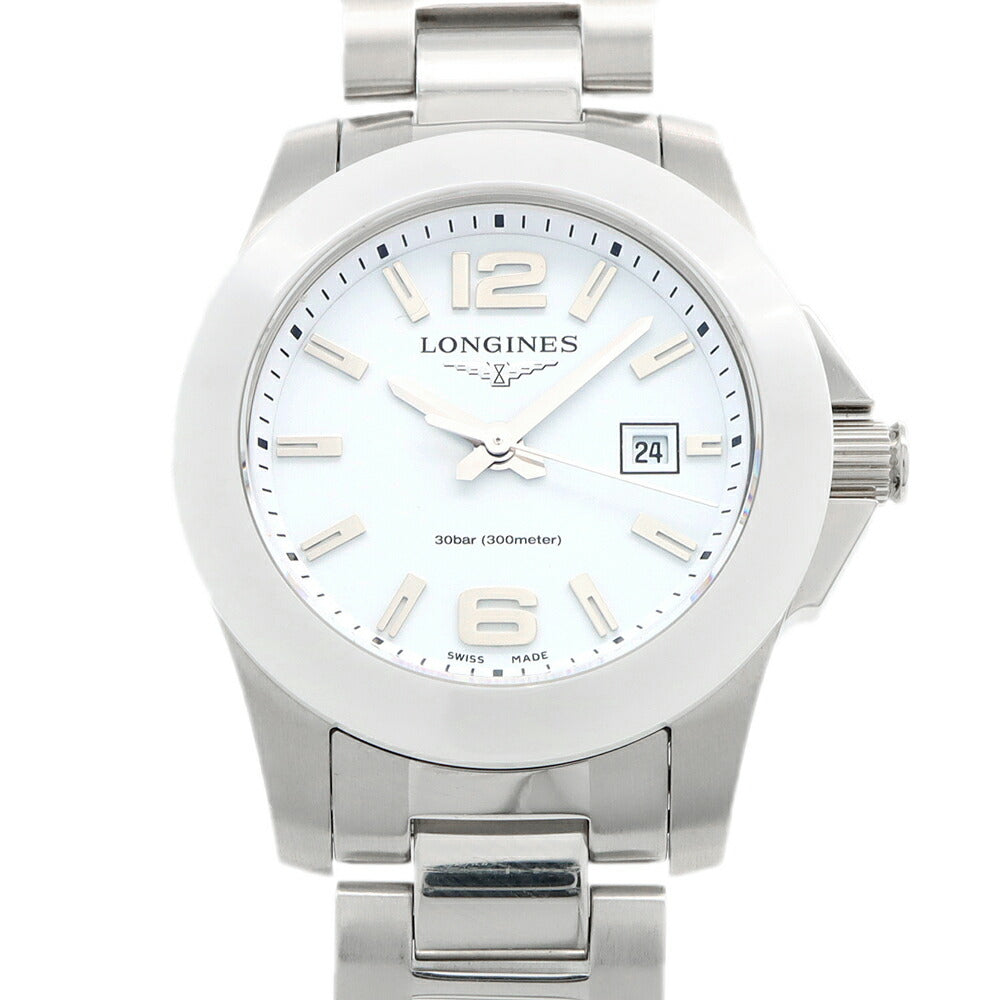 電池交換済 LONGINES ロンジン コンクエスト L3.257.4 300m防水 デイト 白 ホワイト SS ステンレス CE セラミック レディース クォーツ【6ヶ月保証】【腕時計】【中古】