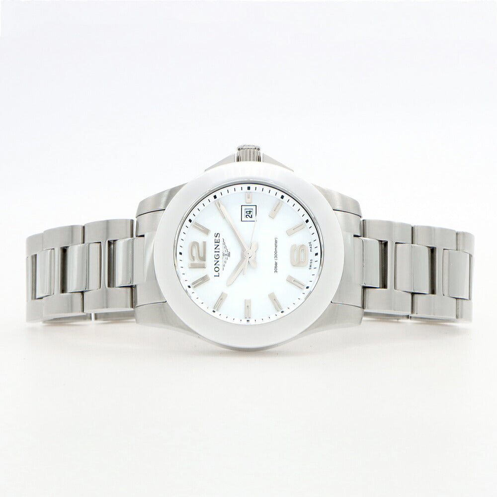 電池交換済 LONGINES ロンジン コンクエスト L3.257.4 300m防水 デイト 白 ホワイト SS ステンレス CE セラミック レディース クォーツ【6ヶ月保証】【腕時計】【中古】