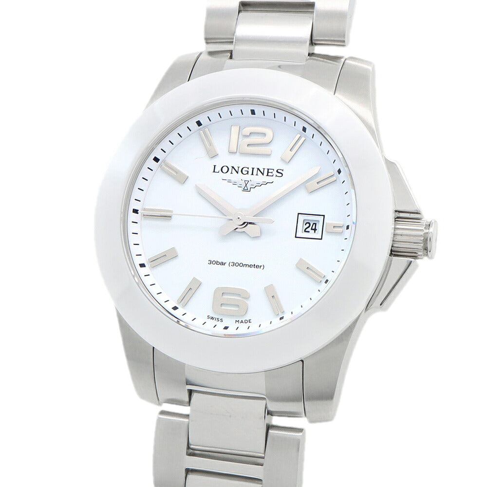 電池交換済 LONGINES ロンジン コンクエスト L3.257.4 300m防水 デイト 白 ホワイト SS ステンレス CE セラミック レディース クォーツ【6ヶ月保証】【腕時計】【中古】