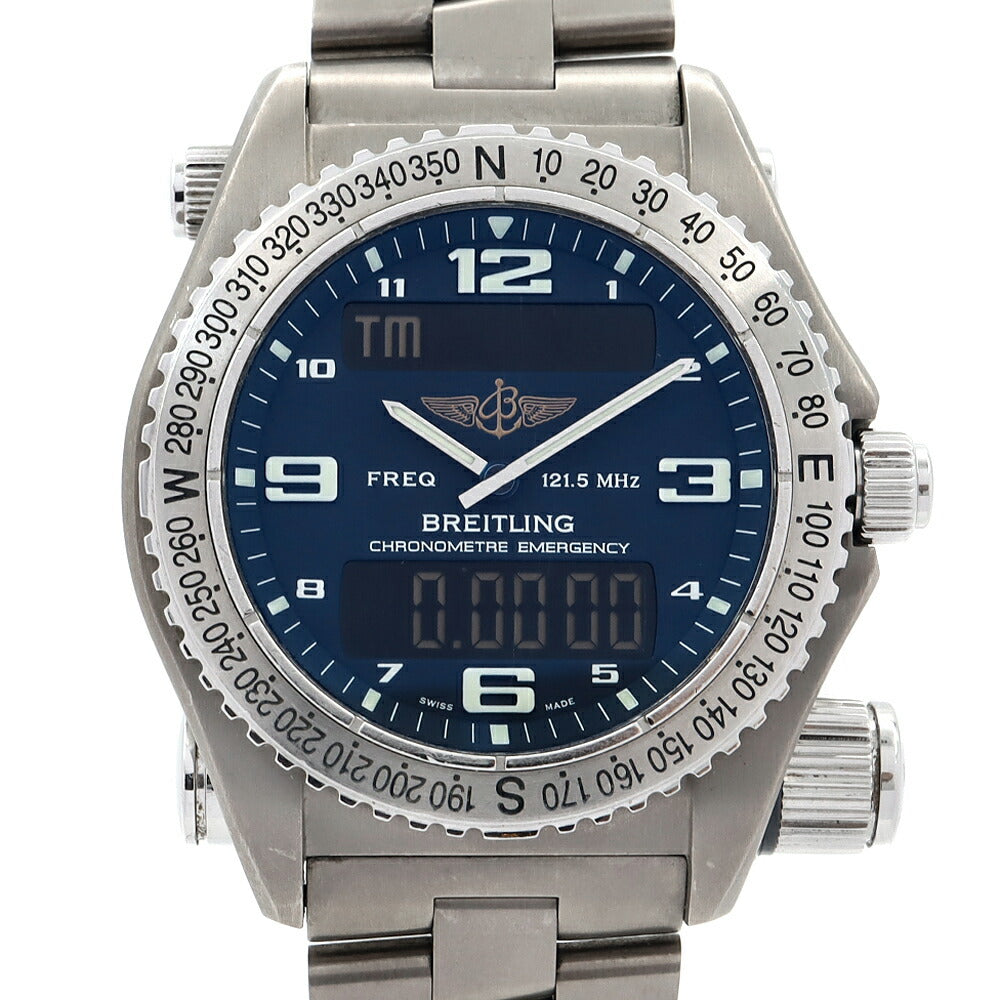 電池交換済 BREITLING ブライトリング エマージェンシー クロノグラフ E7632110 30m防水 デイデイト 青 ブルー Ti チタン メンズ デジタル アナログ デジアナ クォーツ【6ヶ月保証】【腕時計】【中古】