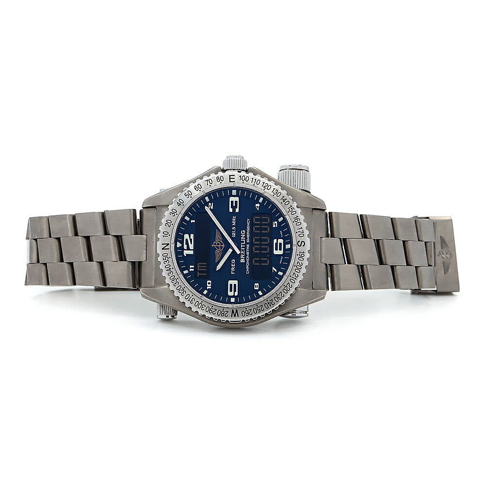 電池交換済 BREITLING ブライトリング エマージェンシー クロノグラフ E7632110 30m防水 デイデイト 青 ブルー Ti チタン メンズ デジタル アナログ デジアナ クォーツ【6ヶ月保証】【腕時計】【中古】