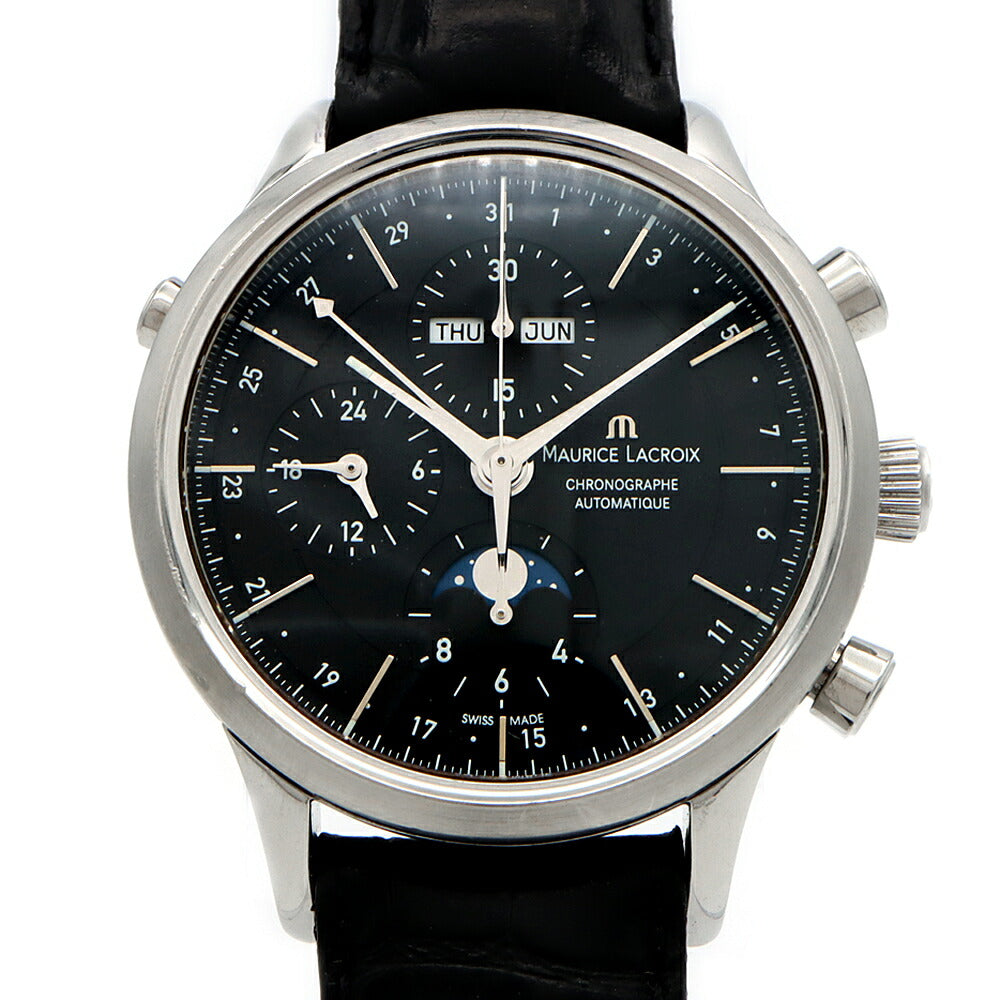 内部点検済 MAURICE LACROIX モーリスラクロア レ クラシック クロノグラフ ムーンフェイズ LC6078 トリプルカレンダー 黒 ブラック SS ステンレス 純正ベルト 純正尾錠 メンズ 自動巻き 【6ヶ月保証】【腕時計】【中古】