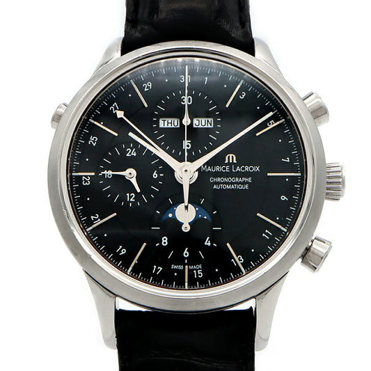 内部点検済 MAURICE LACROIX モーリスラクロア レ クラシック クロノグラフ ムーンフェイズ LC6078 トリプルカレンダー 黒 ブラック SS ステンレス 純正ベルト 純正尾錠 メンズ 自動巻き 【6ヶ月保証】【腕時計】【中古】