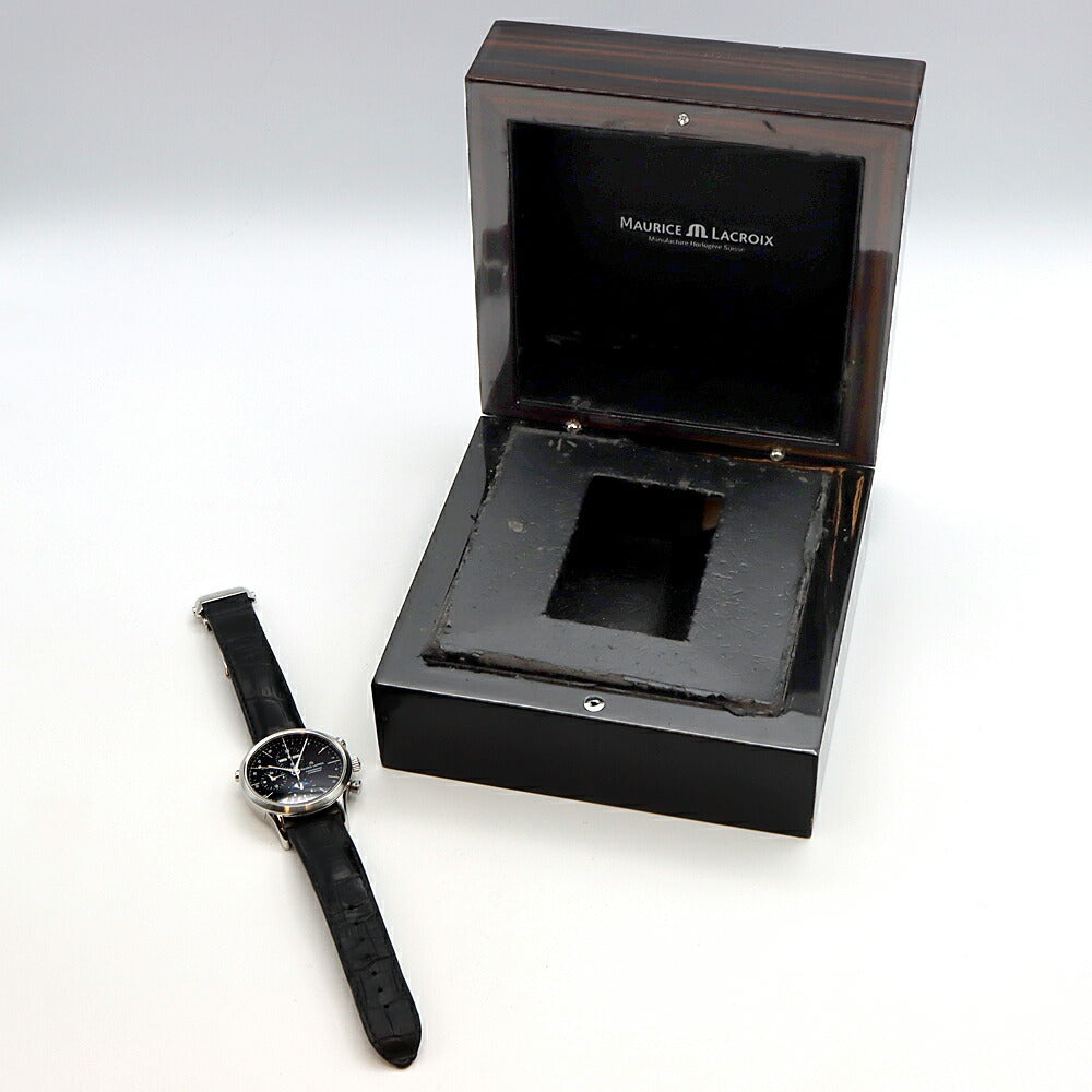内部点検済 MAURICE LACROIX モーリスラクロア レ クラシック クロノグラフ ムーンフェイズ LC6078 トリプルカレンダー 黒 ブラック SS ステンレス 純正ベルト 純正尾錠 メンズ 自動巻き 【6ヶ月保証】【腕時計】【中古】