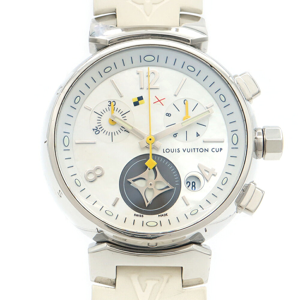電池交換済 LOUIS VUITTON ルイヴィトン タンブール ラブリーカップ MM クロノグラフ Q132C デイト 100m防水 白 ホワイトシェル SS ステンレス 純正ベルト 純正尾錠 レディース クォーツ【6ヶ月保証】【腕時計】【中古】