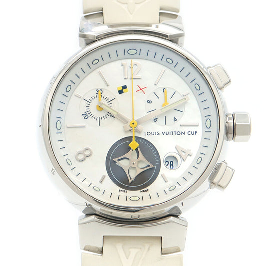 電池交換済 LOUIS VUITTON ルイヴィトン タンブール ラブリーカップ MM クロノグラフ Q132C デイト 100m防水 白 ホワイトシェル SS ステンレス 純正ベルト 純正尾錠 レディース クォーツ【6ヶ月保証】【腕時計】【中古】