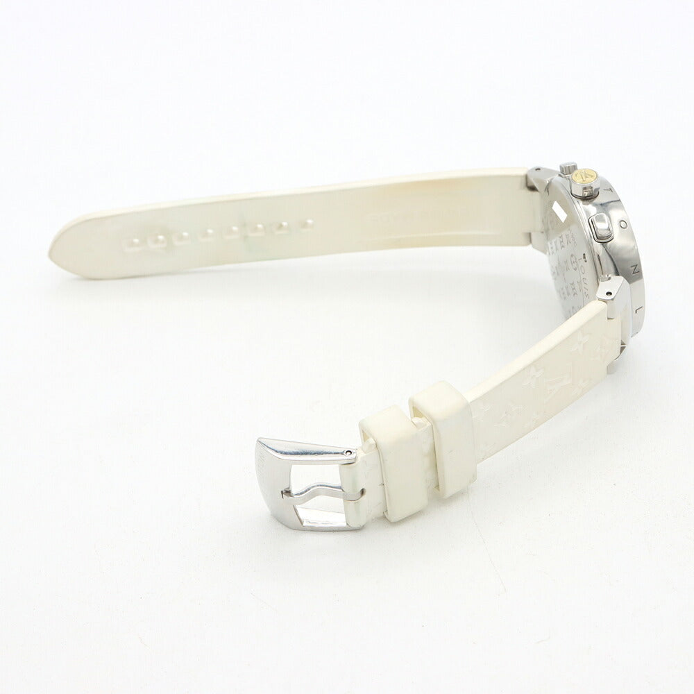 電池交換済 LOUIS VUITTON ルイヴィトン タンブール ラブリーカップ MM クロノグラフ Q132C デイト 100m防水 白 ホワイトシェル SS ステンレス 純正ベルト 純正尾錠 レディース クォーツ【6ヶ月保証】【腕時計】【中古】