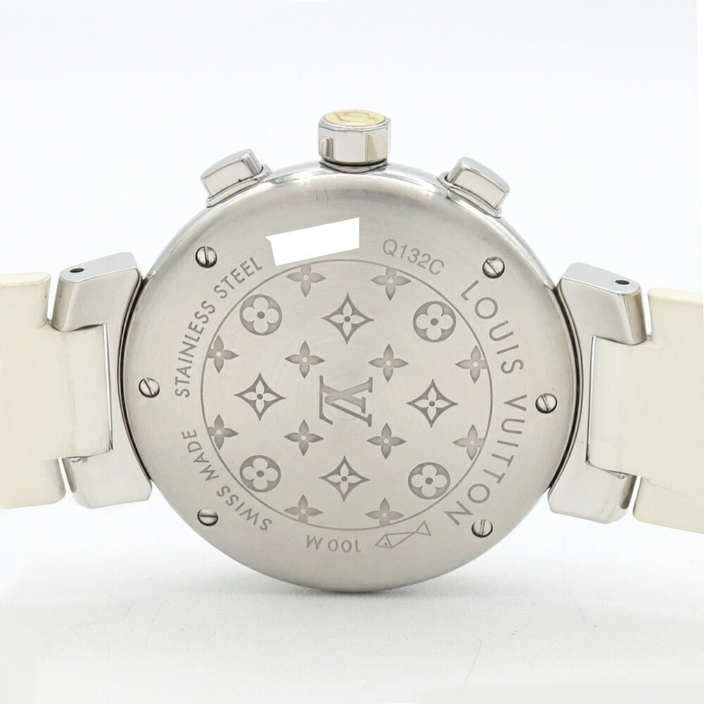 電池交換済 LOUIS VUITTON ルイヴィトン タンブール ラブリーカップ MM クロノグラフ Q132C デイト 100m防水 白 ホワイトシェル SS ステンレス 純正ベルト 純正尾錠 レディース クォーツ【6ヶ月保証】【腕時計】【中古】