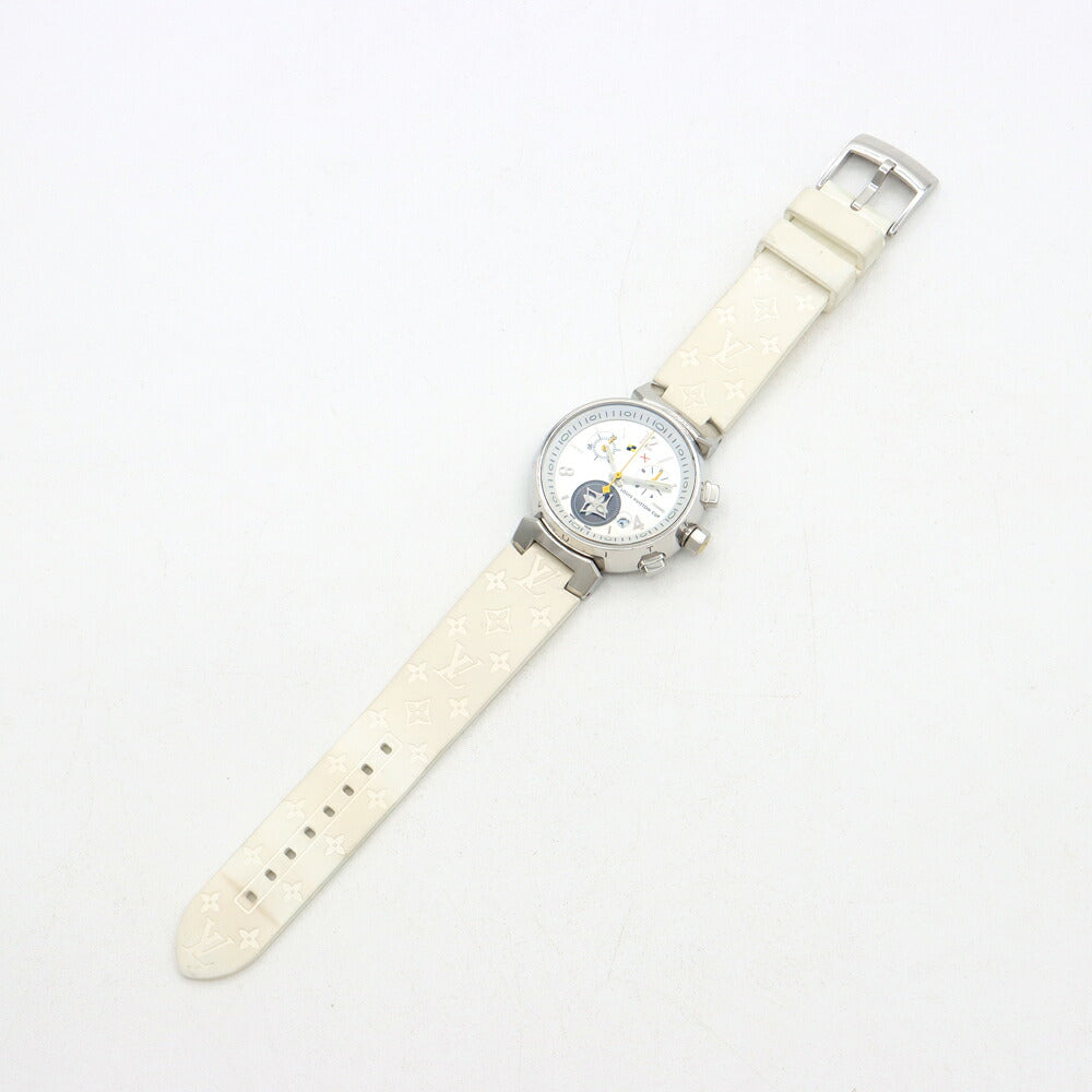 電池交換済 LOUIS VUITTON ルイヴィトン タンブール ラブリーカップ MM クロノグラフ Q132C デイト 100m防水 白 ホワイトシェル SS ステンレス 純正ベルト 純正尾錠 レディース クォーツ【6ヶ月保証】【腕時計】【中古】