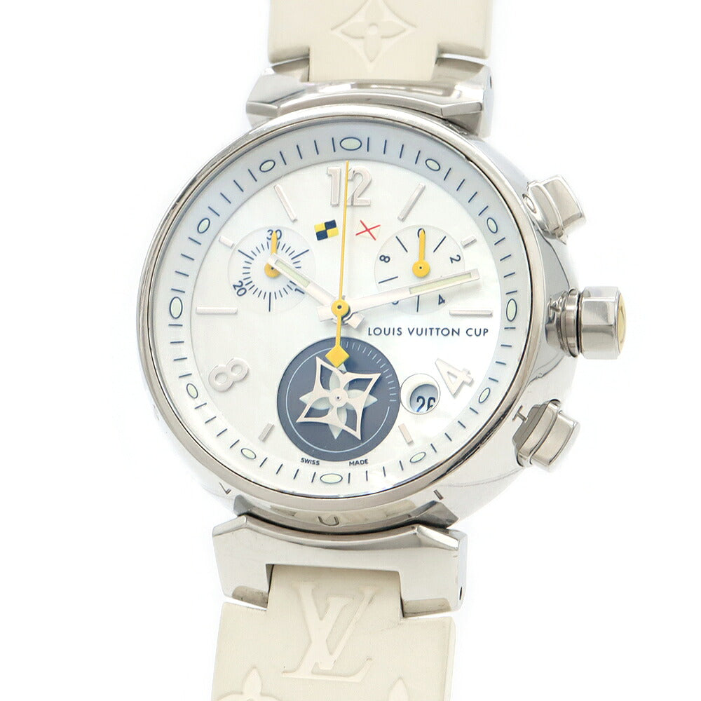 電池交換済 LOUIS VUITTON ルイヴィトン タンブール ラブリーカップ MM クロノグラフ Q132C デイト 100m防水 白 ホワイトシェル SS ステンレス 純正ベルト 純正尾錠 レディース クォーツ【6ヶ月保証】【腕時計】【中古】