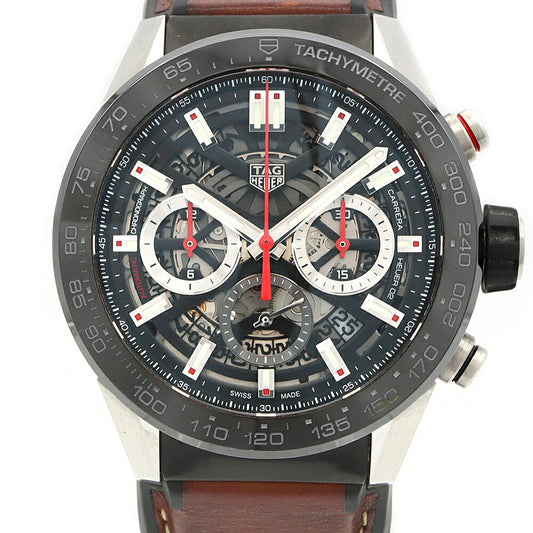 TAG Heuer タグホイヤー カレラ キャリバー ホイヤー02 クロノグラフ CBG2A10 デイト 100m防水 裏スケ 黒 ブラック スケルトン SS ステンレス CE セラミック 純正尾錠 メンズ 自動巻き【6ヶ月保証】【腕時計】【中古】
