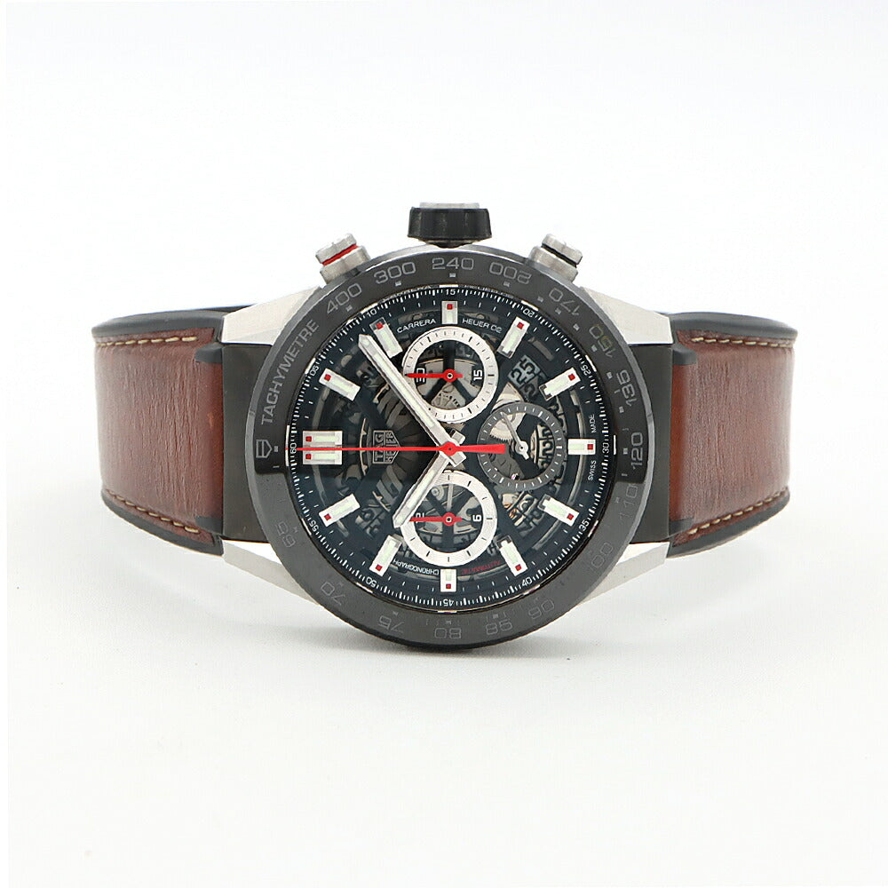 TAG Heuer タグホイヤー カレラ キャリバー ホイヤー02 クロノグラフ CBG2A10 デイト 100m防水 裏スケ 黒 ブラック スケルトン SS ステンレス CE セラミック 純正尾錠 メンズ 自動巻き【6ヶ月保証】【腕時計】【中古】