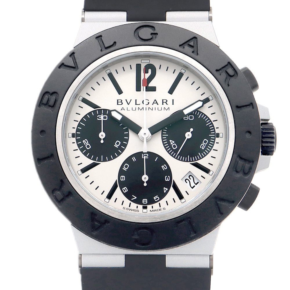 BVLGARI ブルガリ アルミニウム クロノグラフ BB40ATCH デイト 100m防水 シルバー 黒 ブラック アルミニウム Ti チタン 純正ベルト 純正尾錠 メンズ 自動巻き【6ヶ月保証】【腕時計】【中古】