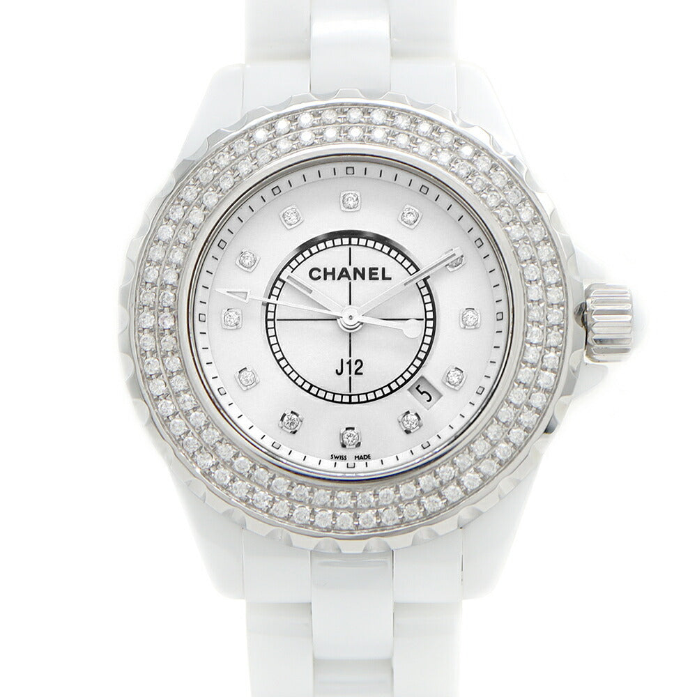 電池交換済 CHANEL シャネル J12 33mm ダイヤベゼル H1628 ダイヤモンド 12Pダイヤ デイト 200m防水 白 ホワイト SS ステンレス CE セラミック アフターダイヤ レディース クォーツ【6ヶ月保証】【腕時計】【中古】