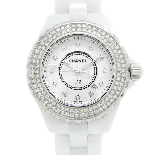 電池交換済 CHANEL シャネル J12 33mm ダイヤベゼル H1628 ダイヤモンド 12Pダイヤ デイト 200m防水 白 ホワイト SS ステンレス CE セラミック アフターダイヤ レディース クォーツ【6ヶ月保証】【腕時計】【中古】