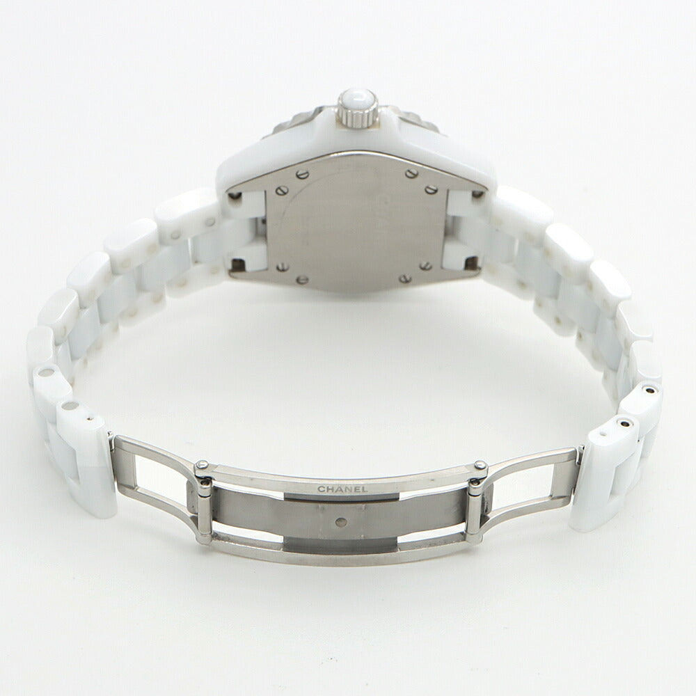 電池交換済 CHANEL シャネル J12 33mm ダイヤベゼル H1628 ダイヤモンド 12Pダイヤ デイト 200m防水 白 ホワイト SS ステンレス CE セラミック アフターダイヤ レディース クォーツ【6ヶ月保証】【腕時計】【中古】