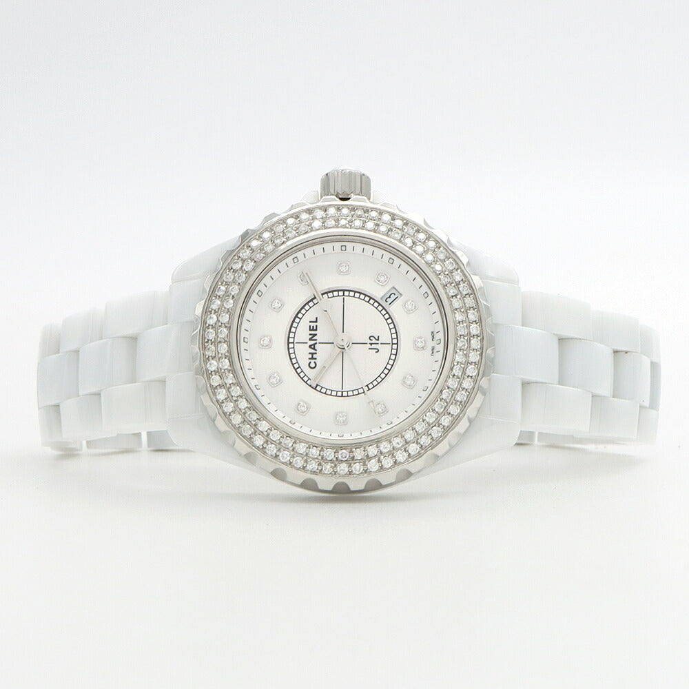 電池交換済 CHANEL シャネル J12 33mm ダイヤベゼル H1628 ダイヤモンド 12Pダイヤ デイト 200m防水 白 ホワイト SS ステンレス CE セラミック アフターダイヤ レディース クォーツ【6ヶ月保証】【腕時計】【中古】