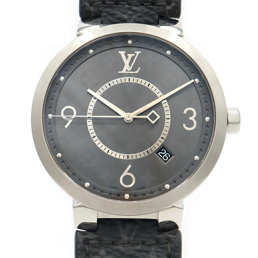 電池交換済 LOUIS VUITTON ルイヴィトン タンブール スリム エクリプス GM モノグラム Q1DM00 デイト 50m防水 グレー SS ステンレス 純正ベルト 純正尾錠 メンズ クォーツ【6ヶ月保証】【腕時計】【中古】