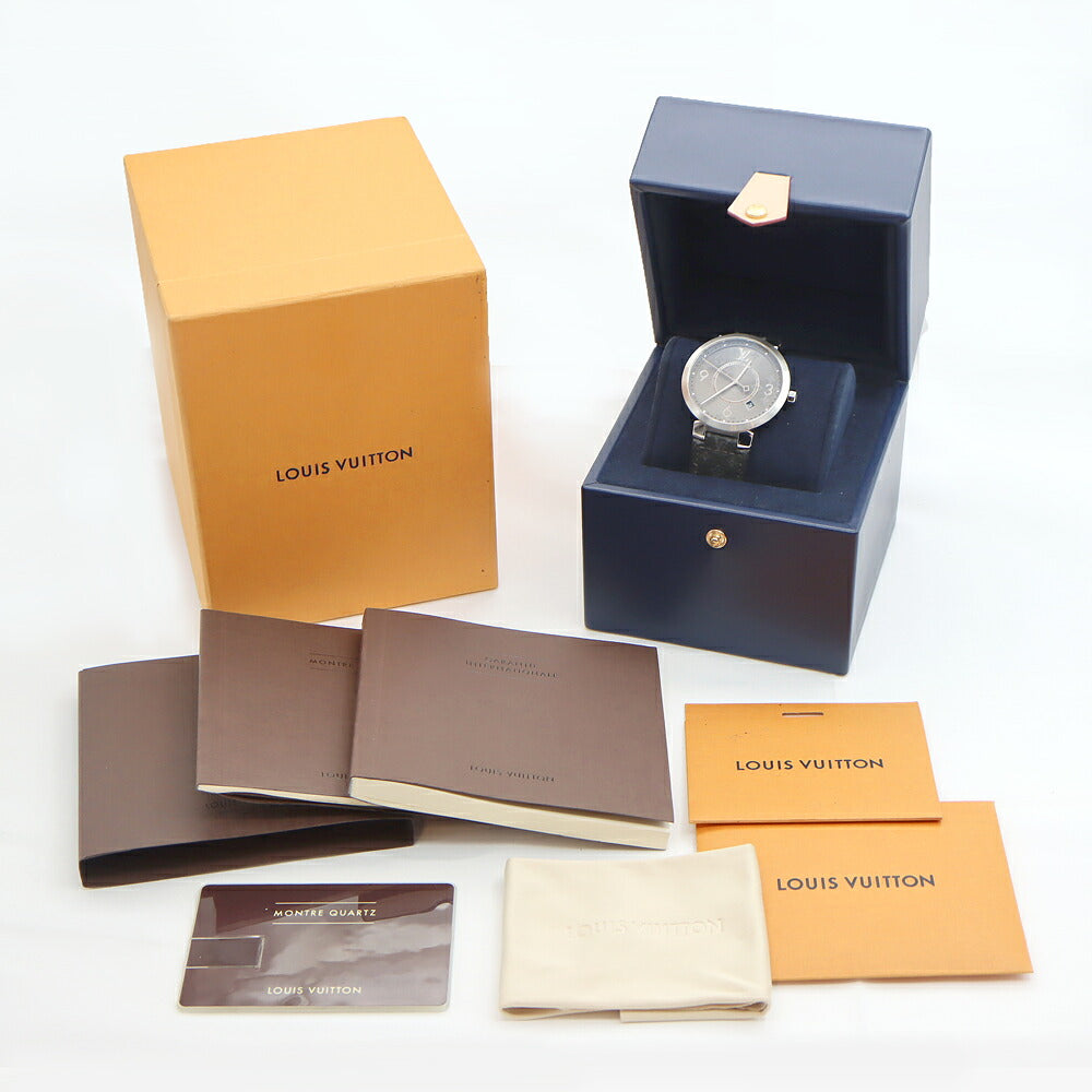 電池交換済 LOUIS VUITTON ルイヴィトン タンブール スリム エクリプス GM モノグラム Q1DM00 デイト 50m防水 グレー SS ステンレス 純正ベルト 純正尾錠 メンズ クォーツ【6ヶ月保証】【腕時計】【中古】
