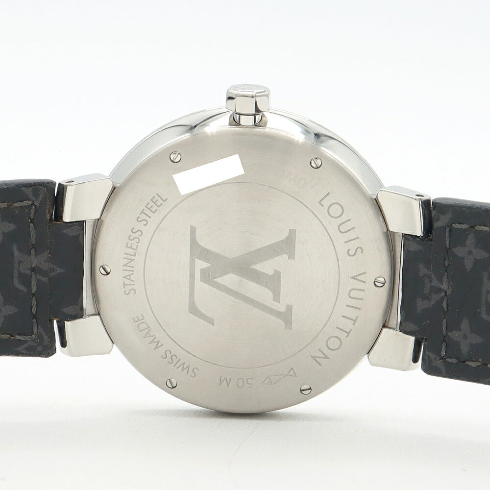 電池交換済 LOUIS VUITTON ルイヴィトン タンブール スリム エクリプス GM モノグラム Q1DM00 デイト 50m防水 グレー SS ステンレス 純正ベルト 純正尾錠 メンズ クォーツ【6ヶ月保証】【腕時計】【中古】