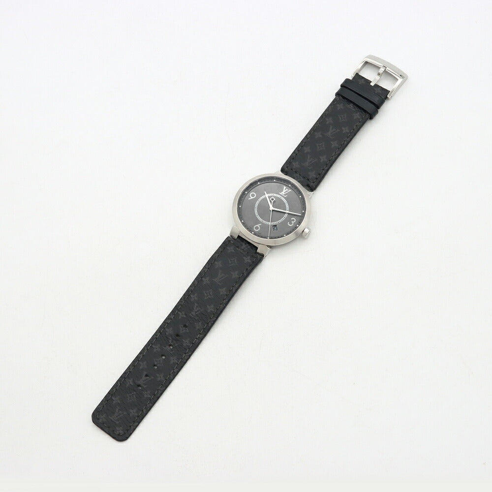 電池交換済 LOUIS VUITTON ルイヴィトン タンブール スリム エクリプス GM モノグラム Q1DM00 デイト 50m防水 グレー SS ステンレス 純正ベルト 純正尾錠 メンズ クォーツ【6ヶ月保証】【腕時計】【中古】