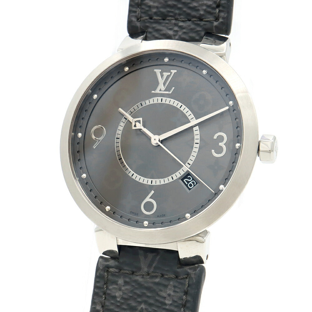 電池交換済 LOUIS VUITTON ルイヴィトン タンブール スリム エクリプス GM モノグラム Q1DM00 デイト 50m防水 グレー SS ステンレス 純正ベルト 純正尾錠 メンズ クォーツ【6ヶ月保証】【腕時計】【中古】