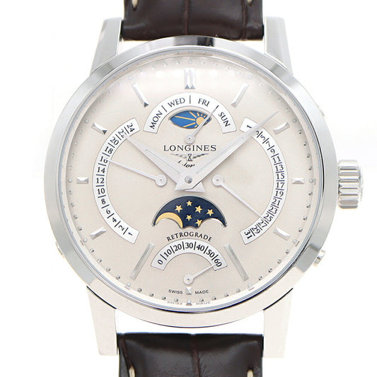 内部点検済 LONGINES ロンジン 1832 4レトログラード L4.828.4 ムーンフェイズ デイデイト ナイトアンドデイ 裏スケ シルバー SS ステンレス 純正ベルト 純正尾錠 メンズ 自動巻き【6ヶ月保証】【腕時計】【中古】