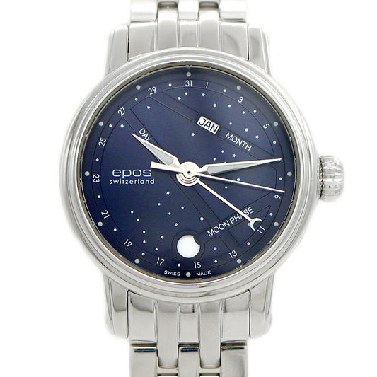 内部点検済 EPOS エポス エモーション ナイトスカイ 4391NSBL.M ムーンフェイズ トリプルカレンダー 裏スケ 50m防水 青 ブルー SS ステンレス レディース 自動巻き【6ヶ月保証】【腕時計】【中古】