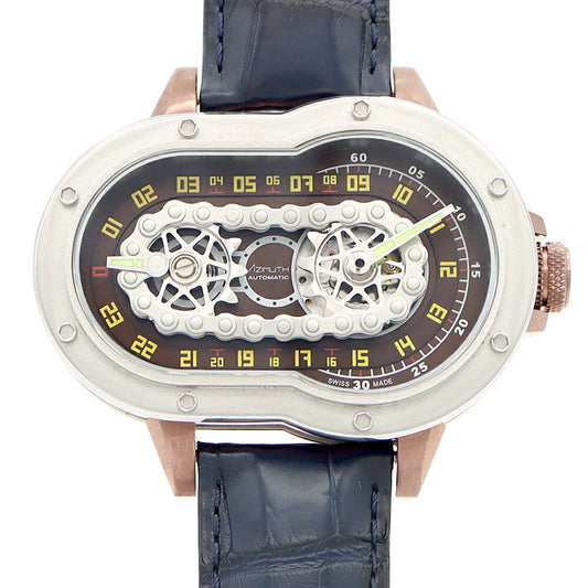 内部点検済 AZIMUTH アジムート クレイジーライダー  モーターサイクル 裏スケ パワーリザーブ スケルトン 茶 ブラウン SS ステンレス 純正尾錠 メンズ 自動巻き アジムース【6ヶ月保証】【腕時計】【中古】