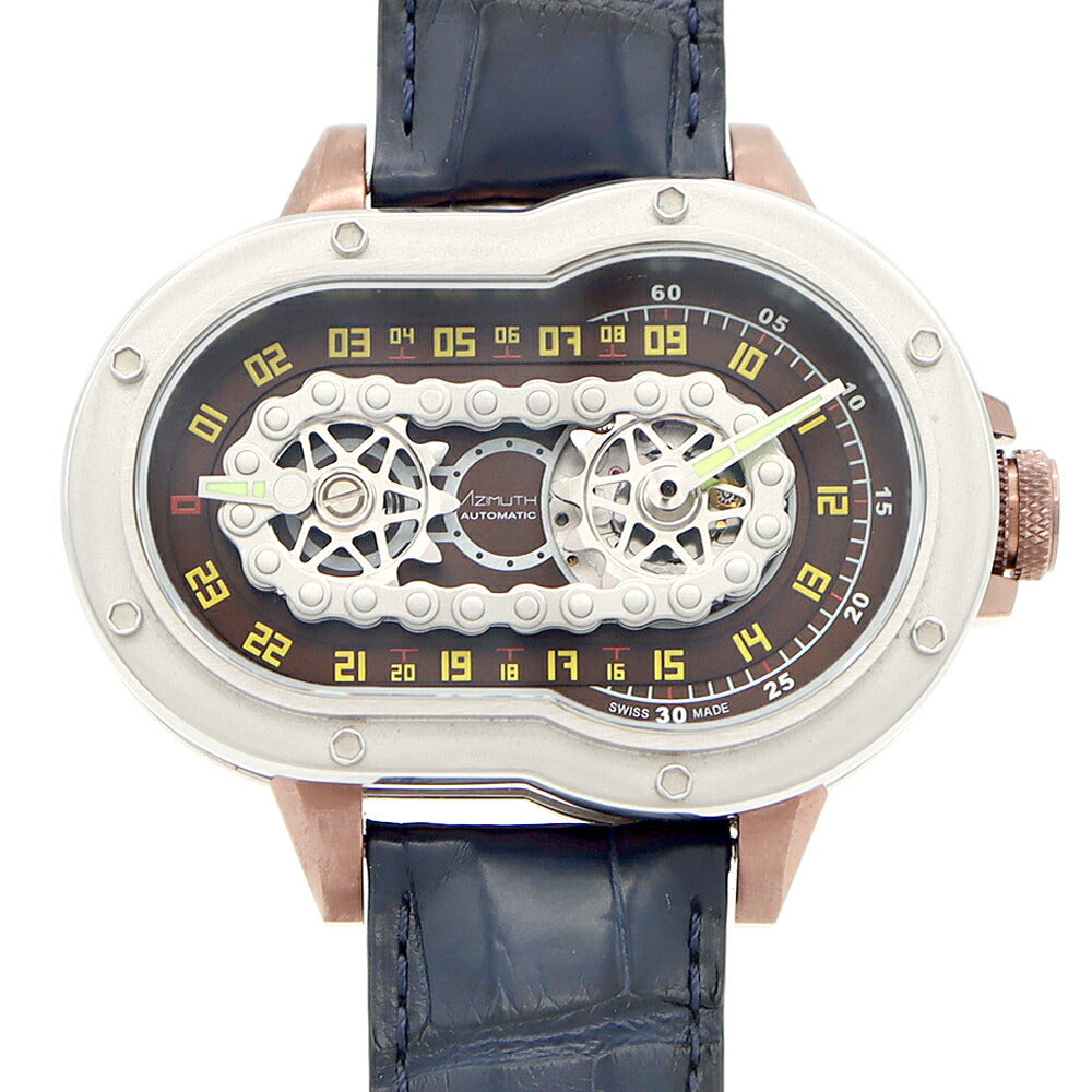 Internally inspected AZIMUTH Crazy Rider Motorcycle Back Skelton Power Reserve Skeleton Brown SS Stainless Steel Genuine Buckle Men's Automatic Winding AZIMUTH [6 Month Warranty] [Watch] [Used]