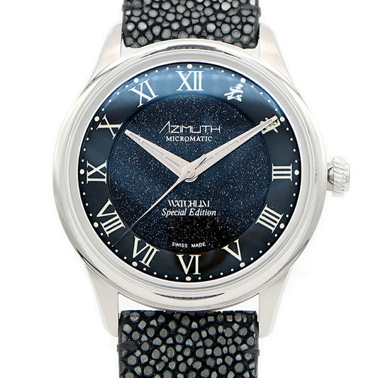内部点検済 AZIMUTH アジムート WATCHLIM スペシャルエディション アベンチュリン 裏スケ 青 ブルー SS ステンレス 純正ベルト 純正尾錠 メンズ 自動巻き アジムース【6ヶ月保証】【腕時計】【中古】