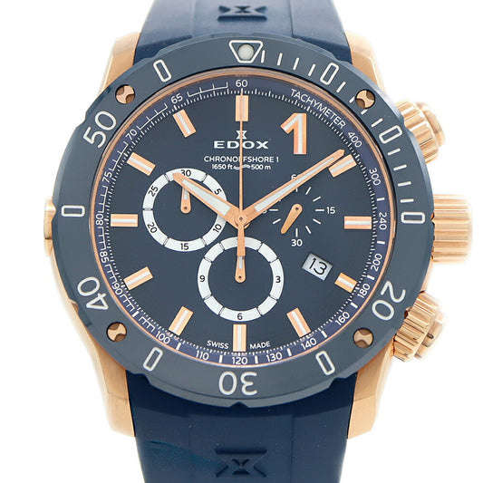 電池交換済 EDOX エドックス クロノオフショア1 10221 クロノグラフ デイト 500m防水 青 ブルー PGP ピンクゴールド CE セラミック 純正ベルト 純正尾錠 メンズ クォーツ【6ヶ月保証】【腕時計】【中古】