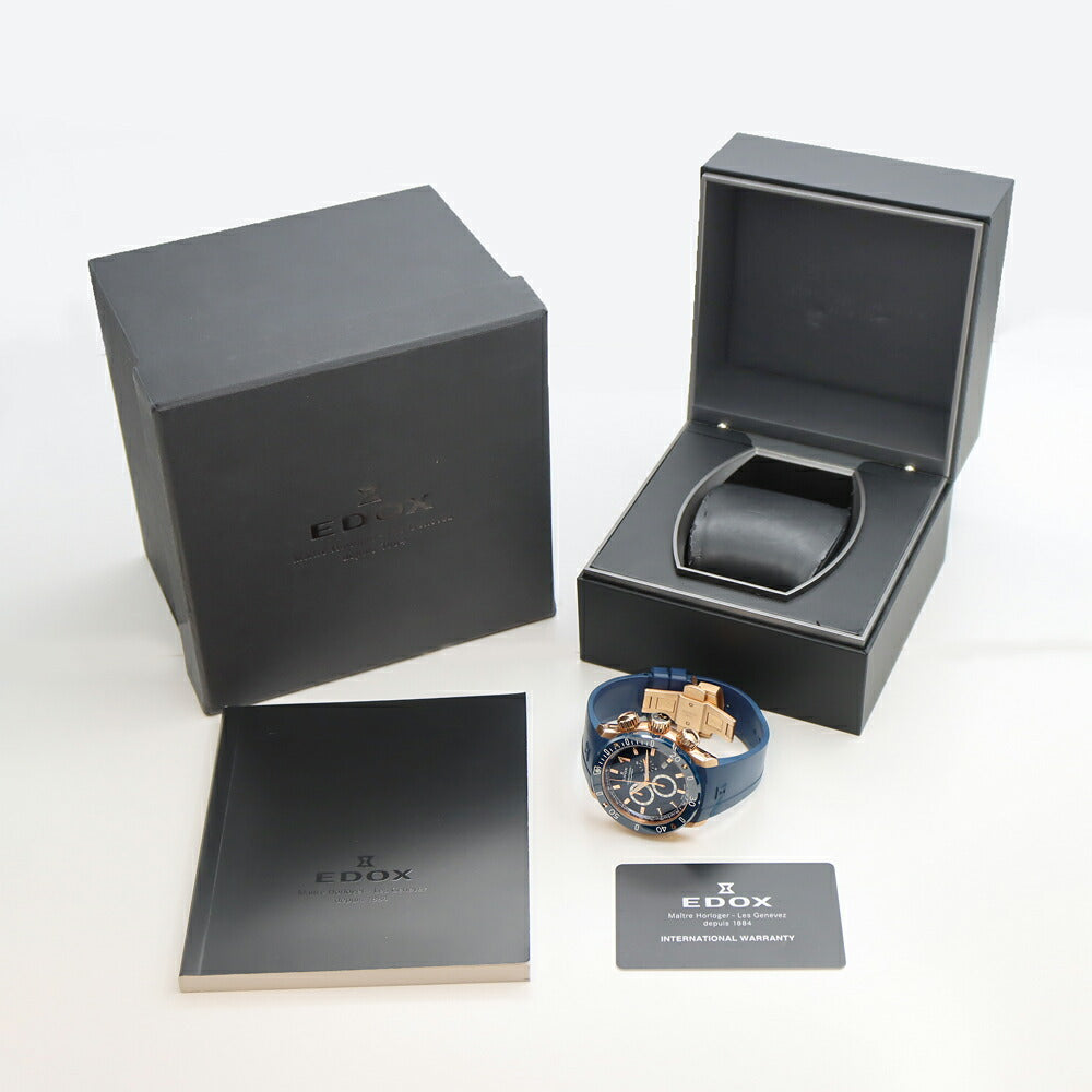 電池交換済 EDOX エドックス クロノオフショア1 10221 クロノグラフ デイト 500m防水 青 ブルー PGP ピンクゴールド CE セラミック 純正ベルト 純正尾錠 メンズ クォーツ【6ヶ月保証】【腕時計】【中古】