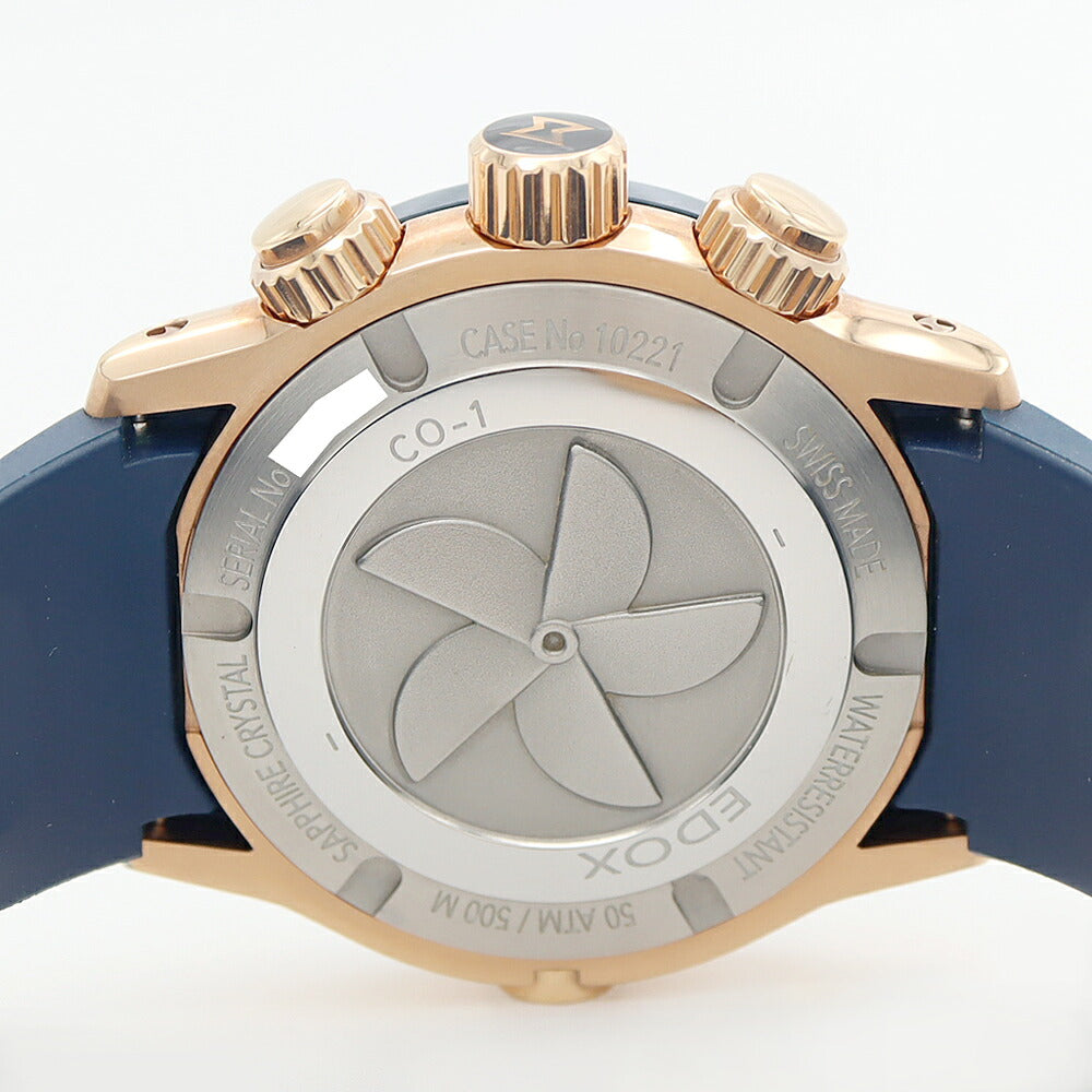 電池交換済 EDOX エドックス クロノオフショア1 10221 クロノグラフ デイト 500m防水 青 ブルー PGP ピンクゴールド CE セラミック 純正ベルト 純正尾錠 メンズ クォーツ【6ヶ月保証】【腕時計】【中古】