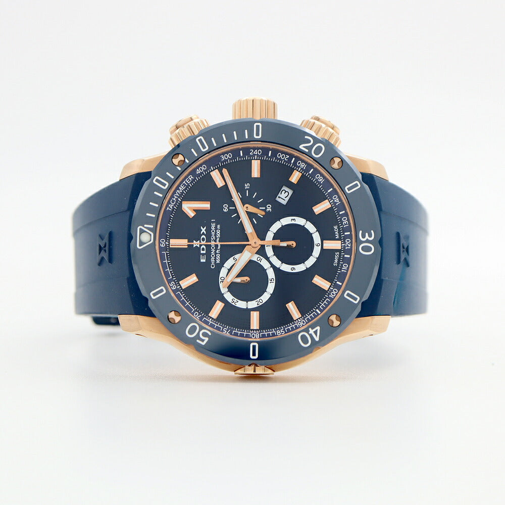 電池交換済 EDOX エドックス クロノオフショア1 10221 クロノグラフ デイト 500m防水 青 ブルー PGP ピンクゴールド CE セラミック 純正ベルト 純正尾錠 メンズ クォーツ【6ヶ月保証】【腕時計】【中古】