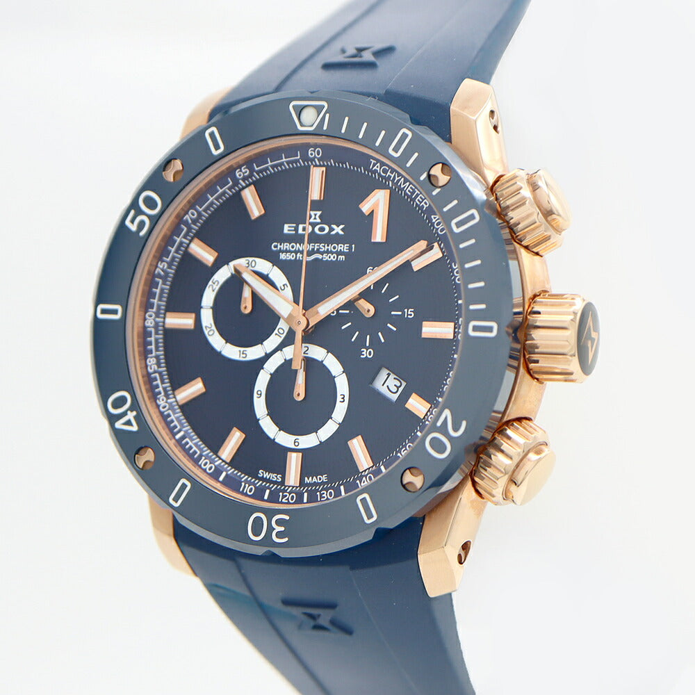 Battery replaced EDOX Chrono Offshore 1 10221 Chronograph Date 500m Water Resistant Blue Blue PGP Pink Gold CE Ceramic Genuine Belt Genuine Buckle Men's Quartz [6 Month Warranty] [Watch] [Used]