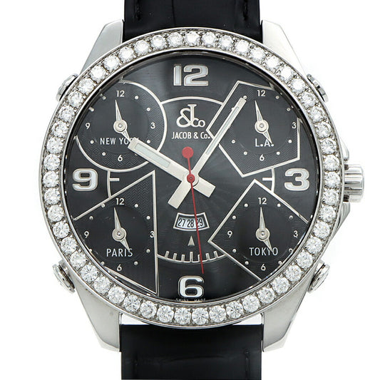 電池交換済 JACOB&Co. ジェイコブ ファイブタイムゾーン ダイヤモンド ダイヤベゼル デイト 100m防水 黒 ブラック SS ステンレス 純正尾錠 メンズ クォーツ 5タイム【6ヶ月保証】【腕時計】【中古】