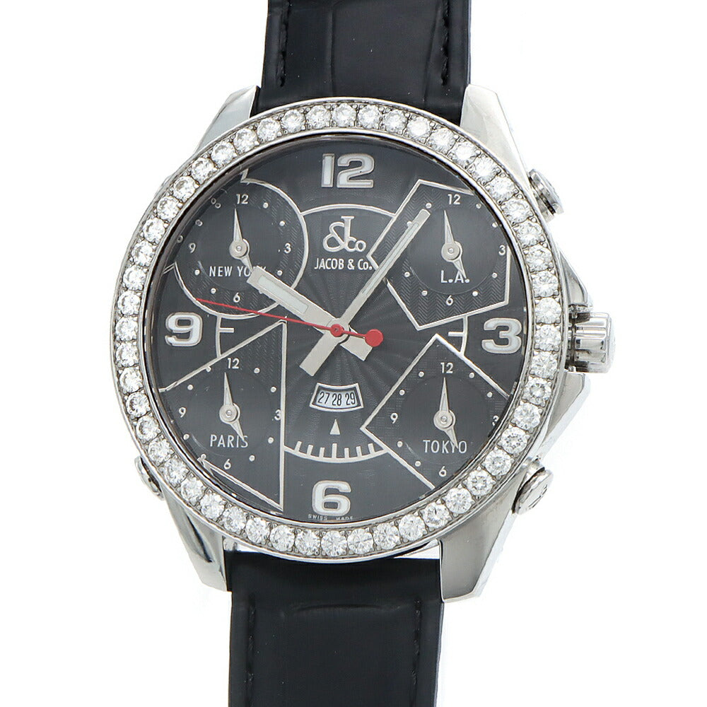 電池交換済 JACOB&Co. ジェイコブ ファイブタイムゾーン ダイヤモンド ダイヤベゼル デイト 100m防水 黒 ブラック SS ステンレス 純正尾錠 メンズ クォーツ 5タイム【6ヶ月保証】【腕時計】【中古】