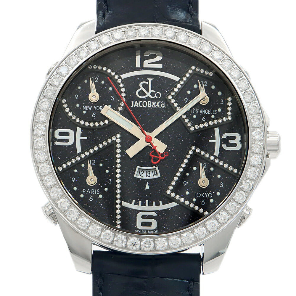 電池交換済 JACOB&Co. ジェイコブ ファイブタイムゾーン 47mm 1065 ダイヤモンド ダイヤベゼル デイト 黒 ブラック SS ステンレス 純正ベルト 純正尾錠 メンズ クォーツ 5タイム【6ヶ月保証】【腕時計】【中古】