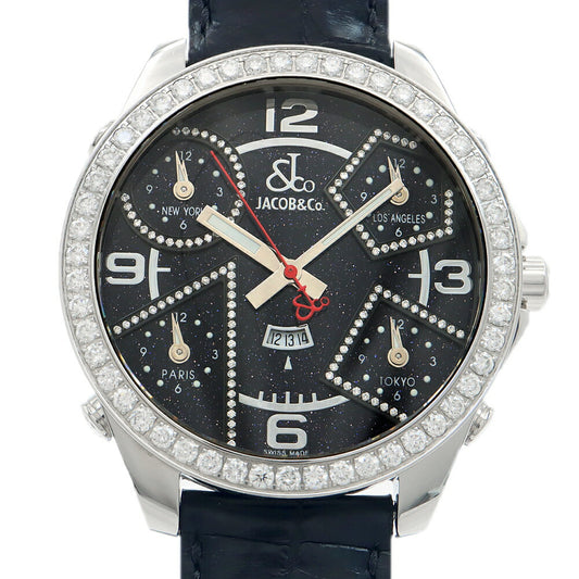 電池交換済 JACOB&Co. ジェイコブ ファイブタイムゾーン 47mm 1065 ダイヤモンド ダイヤベゼル デイト 黒 ブラック SS ステンレス 純正ベルト 純正尾錠 メンズ クォーツ 5タイム【6ヶ月保証】【腕時計】【中古】