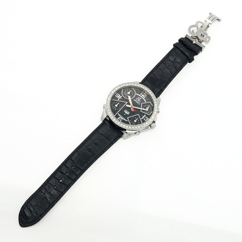 電池交換済 JACOB&Co. ジェイコブ ファイブタイムゾーン 47mm 1065 ダイヤモンド ダイヤベゼル デイト 黒 ブラック SS ステンレス 純正ベルト 純正尾錠 メンズ クォーツ 5タイム【6ヶ月保証】【腕時計】【中古】