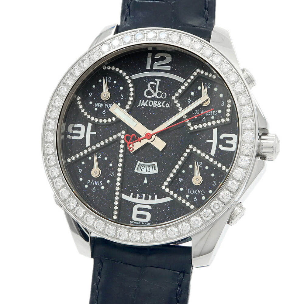 電池交換済 JACOB&Co. ジェイコブ ファイブタイムゾーン 47mm 1065 ダイヤモンド ダイヤベゼル デイト 黒 ブラック SS ステンレス 純正ベルト 純正尾錠 メンズ クォーツ 5タイム【6ヶ月保証】【腕時計】【中古】