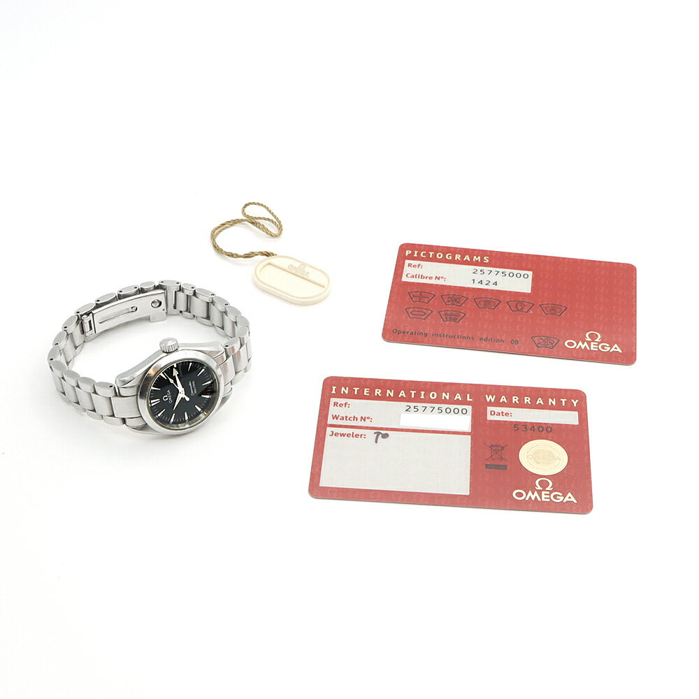 電池交換済 OMEGA オメガ シーマスター アクアテラ 2577.50 150m防水 デイト 黒 ブラック SS ステンレス レディース クォーツ【6ヶ月保証】【腕時計】【中古】