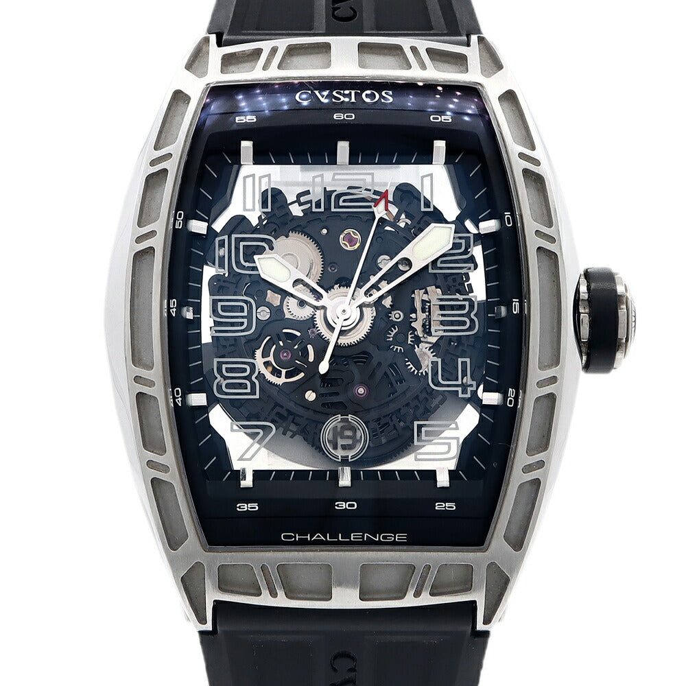 内部点検済 CVSTOS クストス チャレンジ ジェットライナー CVT-JET-SL ST デイト スケルトン 黒 ブラック SS ステンレス 純正ベルト 純正尾錠 メンズ 自動巻き【6ヶ月保証】【腕時計】【中古】