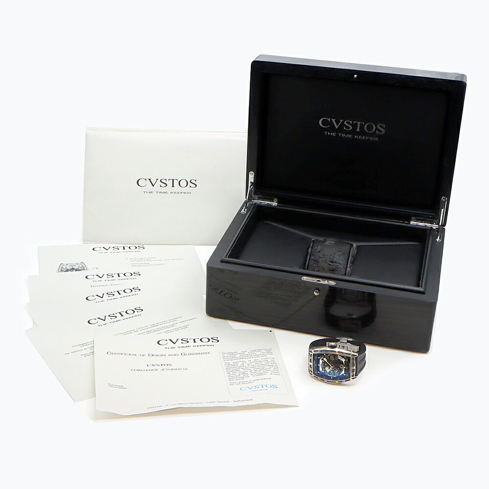 内部点検済 CVSTOS クストス チャレンジ ジェットライナー CVT-JET-SL ST デイト スケルトン 黒 ブラック SS ステンレス 純正ベルト 純正尾錠 メンズ 自動巻き【6ヶ月保証】【腕時計】【中古】